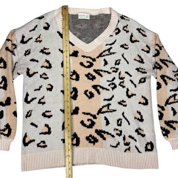 Dress Up Sweater Women Large Beige Orange V-Neck Cheetah Print Oversize Pullover - Picture 11 of 16